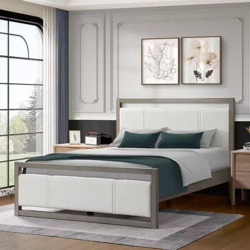 Queen/King Size Platform Bed Frame with Ivory Boucle Fabric Headboard, Gray-Christopher Knight Home