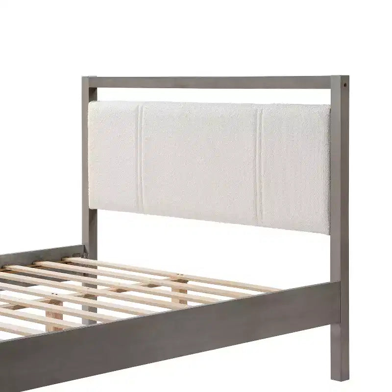 Cadre de lit plateforme grand lit, tête de lit en velours ivoire, gris