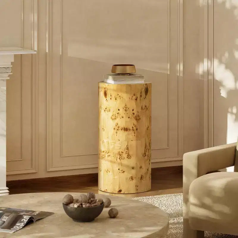 29,5 Table d'appoint pilier en loupe, bois de loupe marron naturel chaud