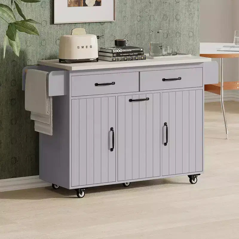 Kitchen Island with Trash Can Storage Cabinet &amp; Adjustable Shelf, Rolling Kitchen Cart with Drop Leaf, Towel Rack and Drawer - ModernLuxe