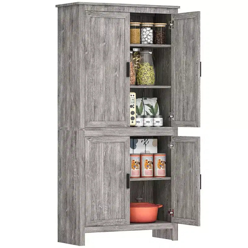 HOMCOM 64 4-Door Kitchen Pantry, Freestanding Storage Cabinet with 3 Adjustable Shelves for Kitchen, Dining or Living Room, Gray Oak