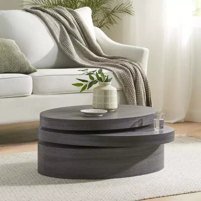 32W Rotating Coffee Table Cocktail Table Center Table, Oval, Black - Merax