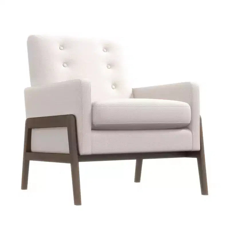 Fauteuil moderne en velours avec dossier capitonné et pieds en bois massif