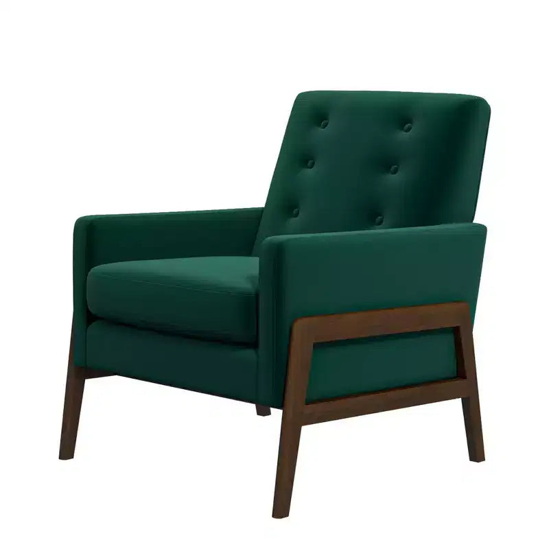 Fauteuil moderne en velours avec dossier capitonné et pieds en bois massif