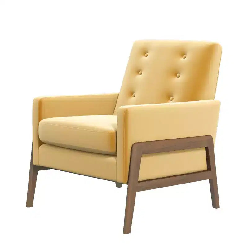 Fauteuil moderne en velours avec dossier capitonné et pieds en bois massif