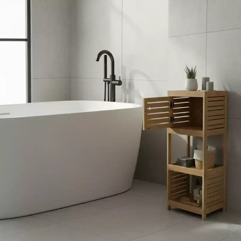 Evideco French Home Goods Compact Bathroom Storage Cabinet with Open Shelves and Vented Door, Natural - Trinidad Collection