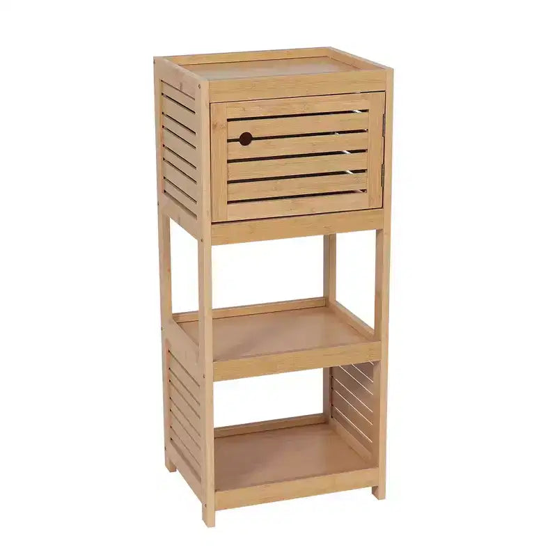 Meuble de rangement compact pour salle de bain avec étagères ouvertes et porte ventilée
