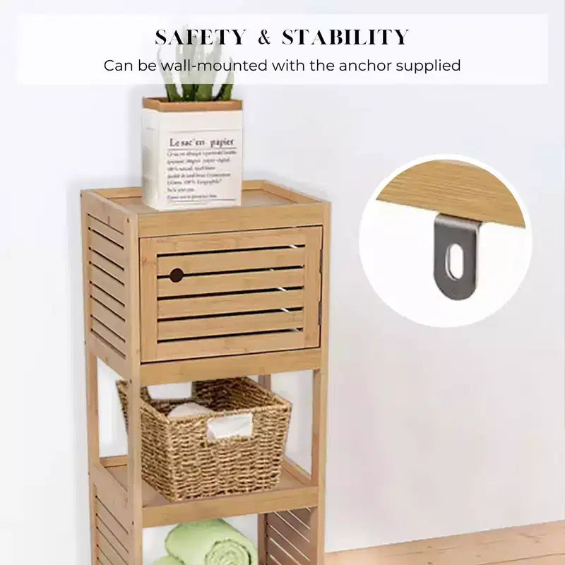 Meuble de rangement compact pour salle de bain avec étagères ouvertes et porte ventilée