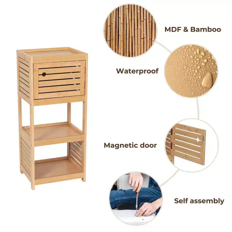 Meuble de rangement compact pour salle de bain avec étagères ouvertes et porte ventilée