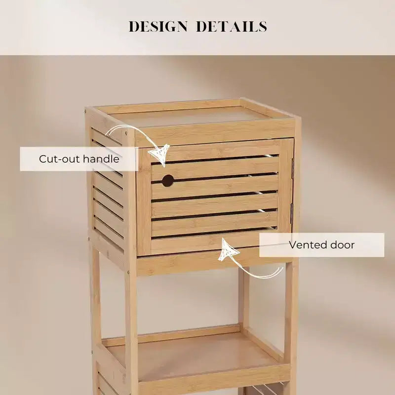 Meuble de rangement compact pour salle de bain avec étagères ouvertes et porte ventilée