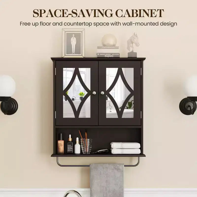 Armoire à pharmacie avec miroir, Meuble de rangement mural avec étagères réglables et porte-serviettes, pour salle de bain, buanderie