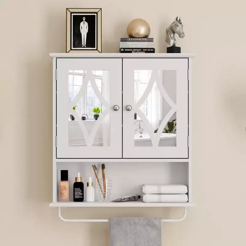 Armoire à pharmacie avec miroir, Meuble de rangement mural avec étagères réglables et porte-serviettes, pour salle de bain, buanderie