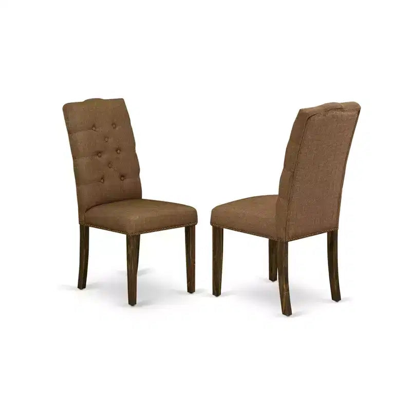 HomeStock Elsa Parson Chairs Button Tufted Nailhead Trim Brown Linen Linen Fabric Dining Chairs Set of 2 Jacobean