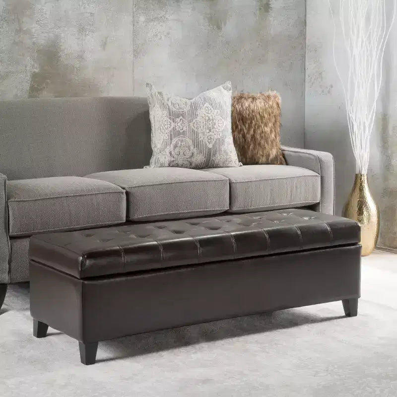 Banc de rangement capitonné en similicuir contemporain, marron chocolat