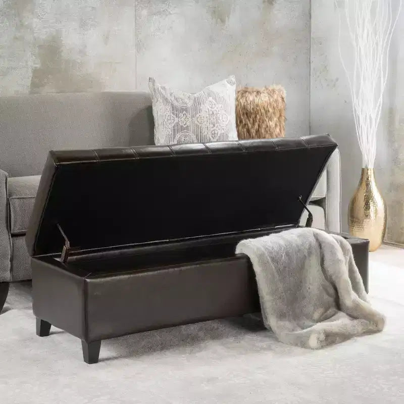 Banc de rangement capitonné en similicuir contemporain, marron chocolat