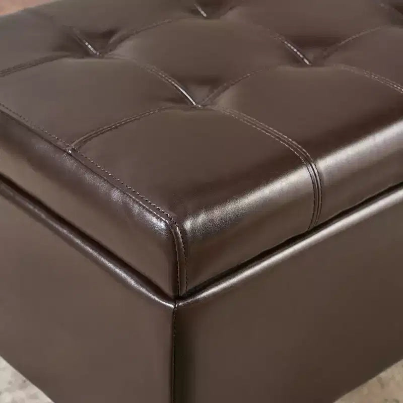 Banc de rangement capitonné en similicuir contemporain, marron chocolat