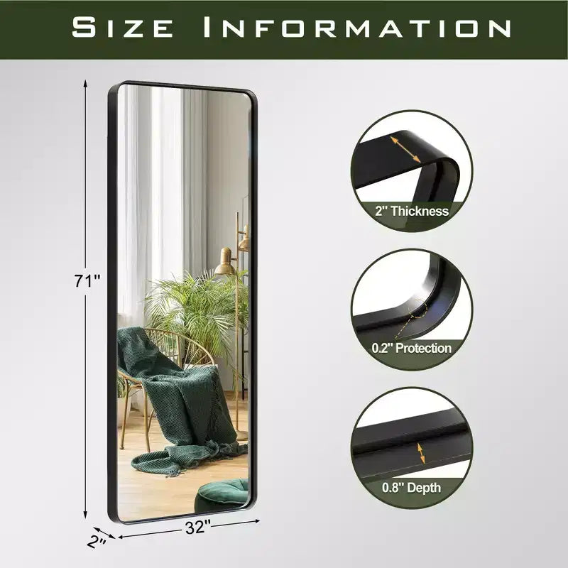 Miroir sur pied moderne : Aluminium, rectangle arrondi, 162 x 53 cm