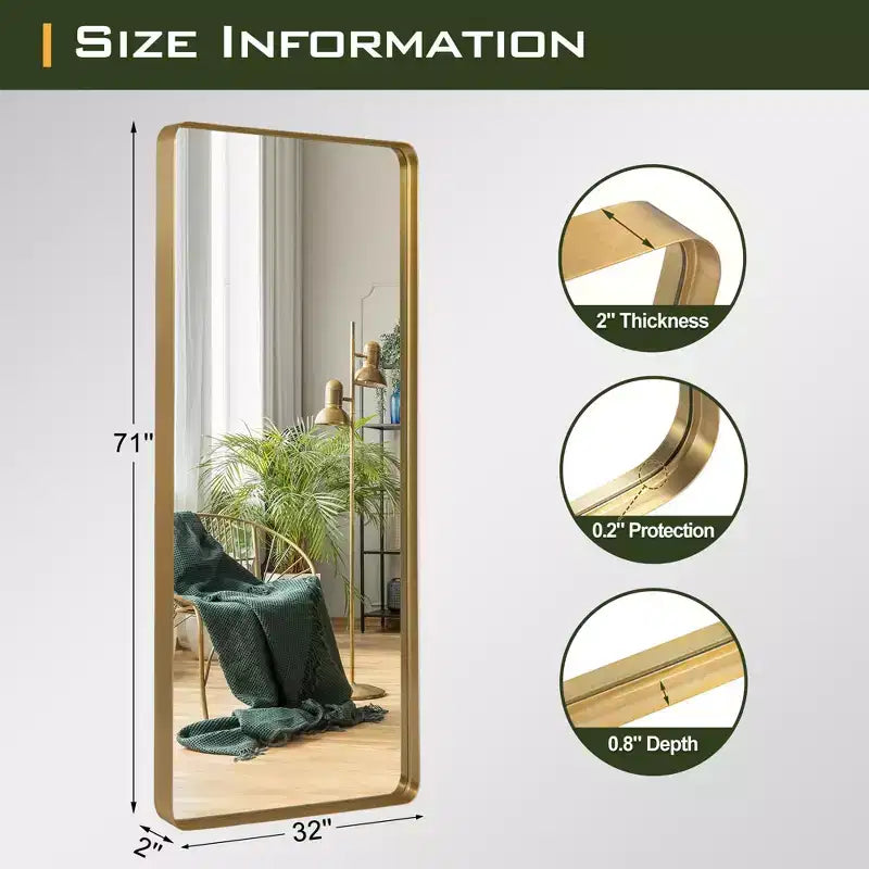 Miroir sur pied moderne : Aluminium, rectangle arrondi, 162 x 53 cm