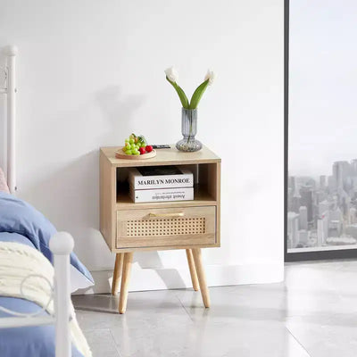 MAYEERTY Rattan End Table, Modern Nightstand with Drawer and Solid Wood Legs, Side Table for Living Room, Bedroom, Natural