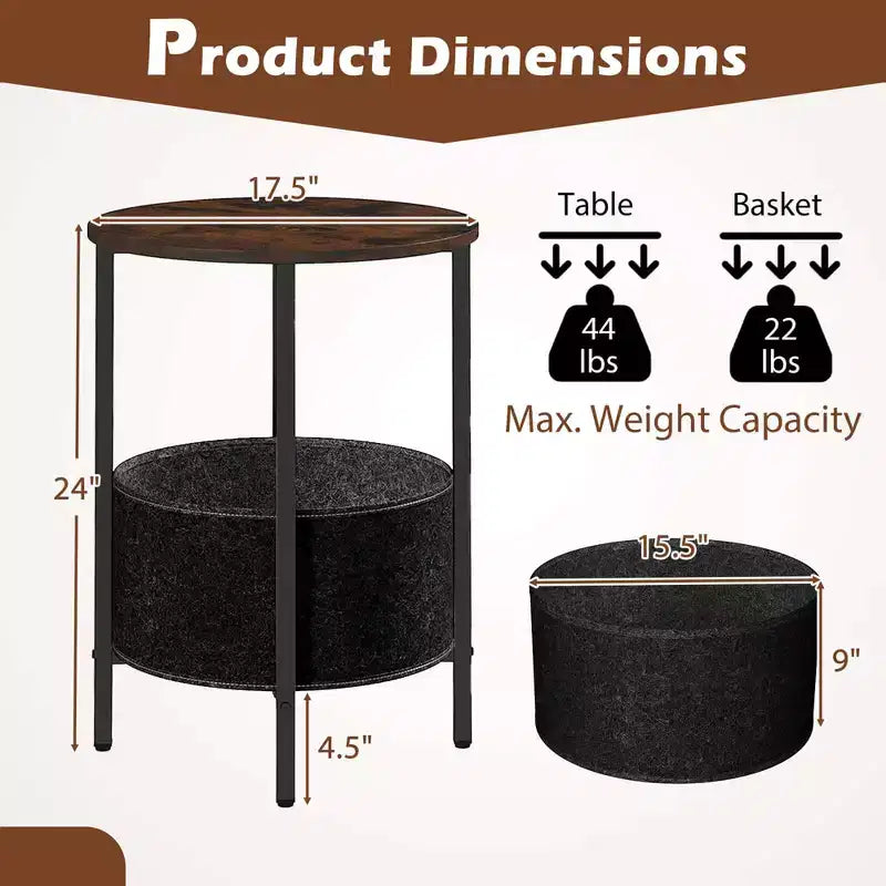 Table d'appoint ronde avec panier de rangement en feutre