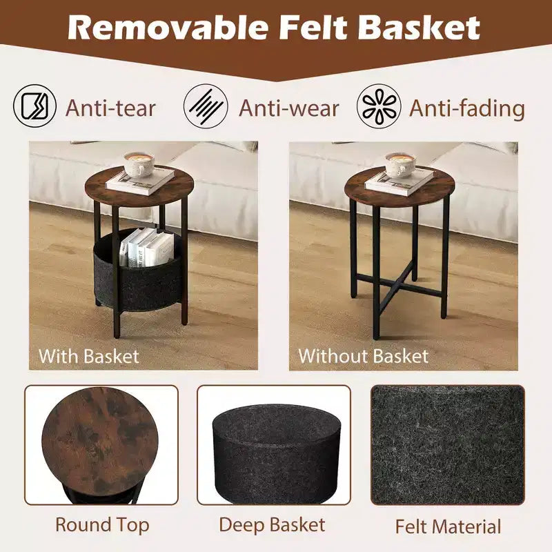 Table d'appoint ronde avec panier de rangement en feutre