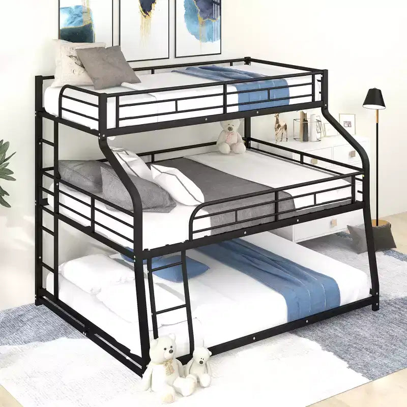 Triple Bunk Bed with Twin XL, Full XL, and Queen Sizes, Metal Bunk Bed Frame with Ladder and Full-Length Guardrails -HABITRIO