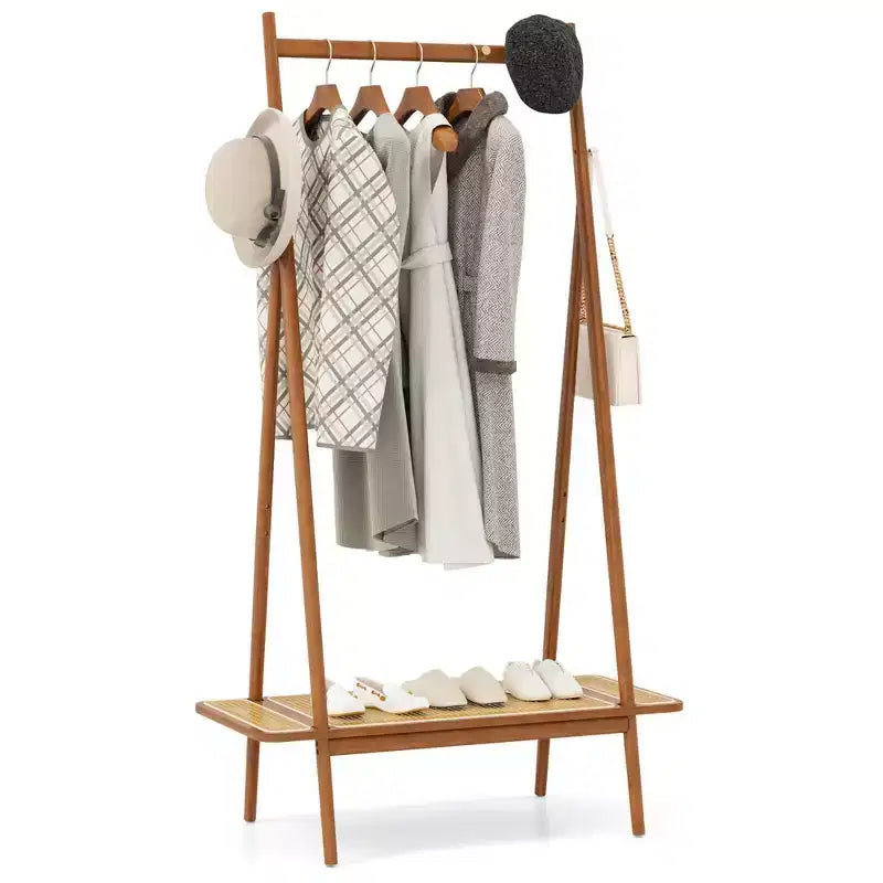 Costway Bamboo Clothes Rack Clothing Rack with Hanging Rod Rattan Shelf &amp; 5 Copper Hooks Coffee/Natural