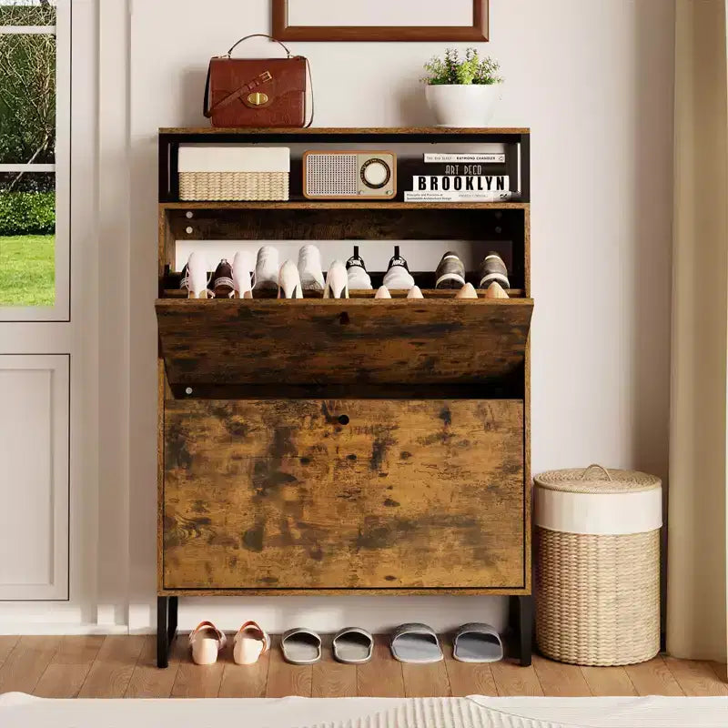 GARPROVM Mid-Century Wood Shoe Cabinet with 2 Flip Doors &amp; Removable Shelves Entryway Shoe Storage