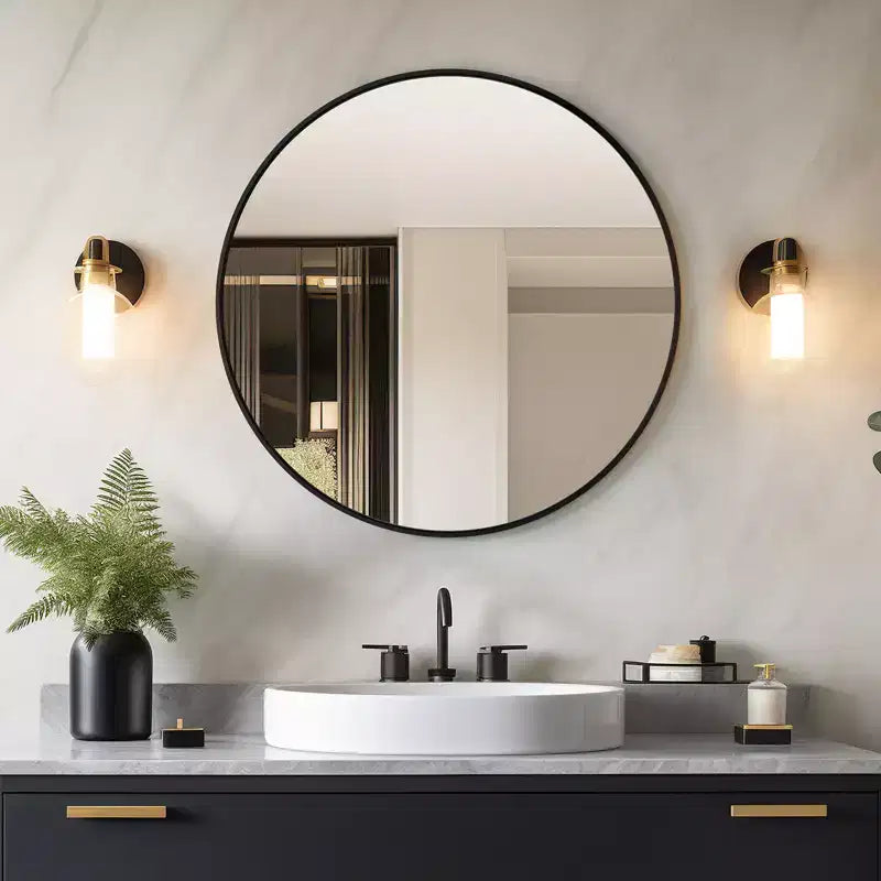 Miroir mural rond noir - Miroir cercle à cadre métallique pour salle de bain, chambre, salon et décoration d'entrée