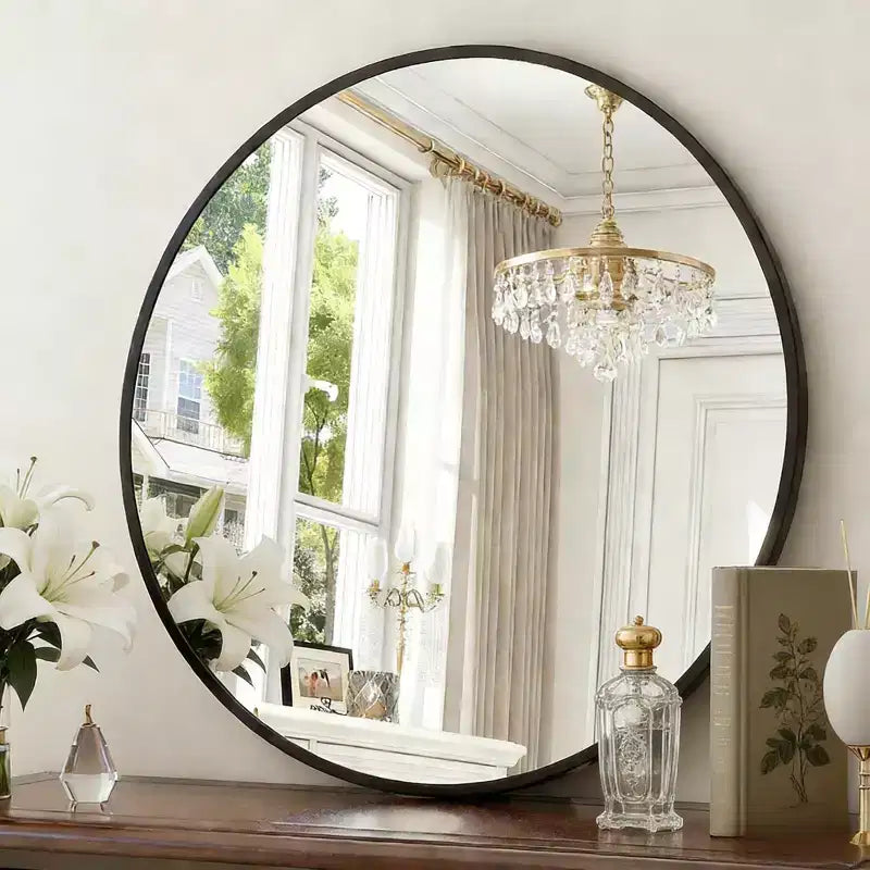USHOWER Black Round Wall Mirror - Metal Frame Circle Mirror for Bathroom, Bedroom, Living Room, and Entryway Decor