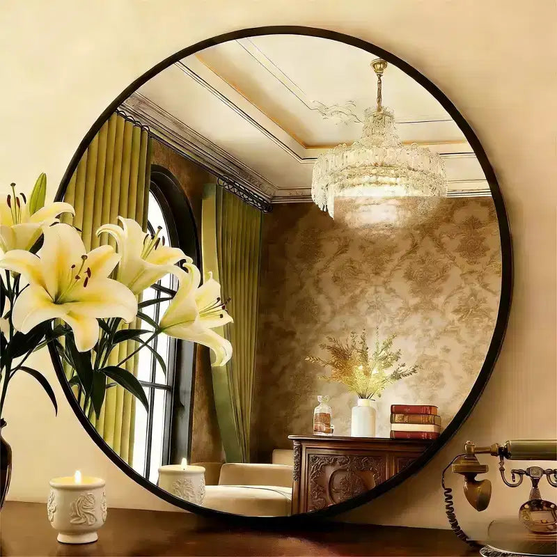 Miroir mural rond noir - Miroir cercle à cadre métallique pour salle de bain, chambre, salon et décoration d'entrée