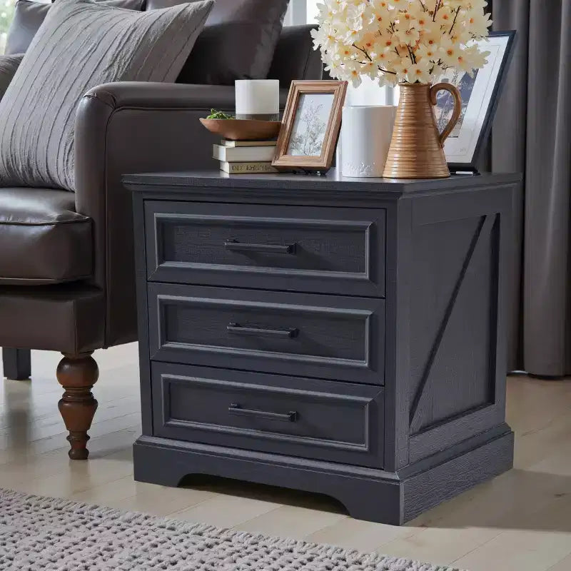 Nightstand with Charging Station, 24 Wide Farmhouse End Table with 3 Drawers &amp; Handles, Night Stand Bedside Table for Bedroom, Living Room