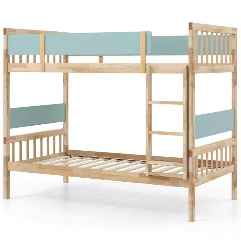 Costway Twin Over Twin Bunk Bed Solid Wood Bed Frame with Ladder Full-length Guardrails White/Natural