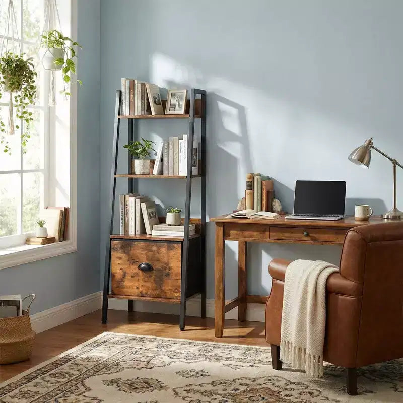FurnitureR Rustic Ladder Shelf with Removable Fabric Drawer, Leaning Bookshelf &amp; Plant Stand, Storage Organizer for Living Room, Home Office