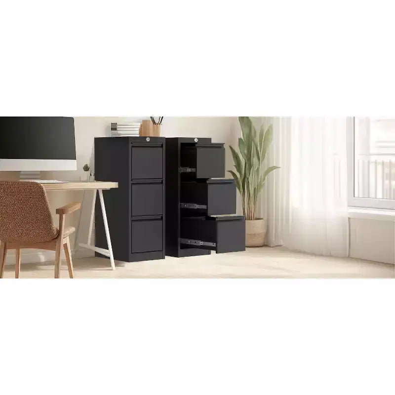 Classeur, Armoire de rangement métallique noire à trois tiroirs avec serrure