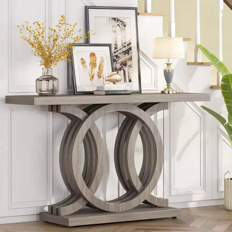 Lantine 55-inch Console Table with Geometric Base, Farmhouse Style, Wooden Hallway/Entryway/Sofa Table for Decoration and Organization (Grey)