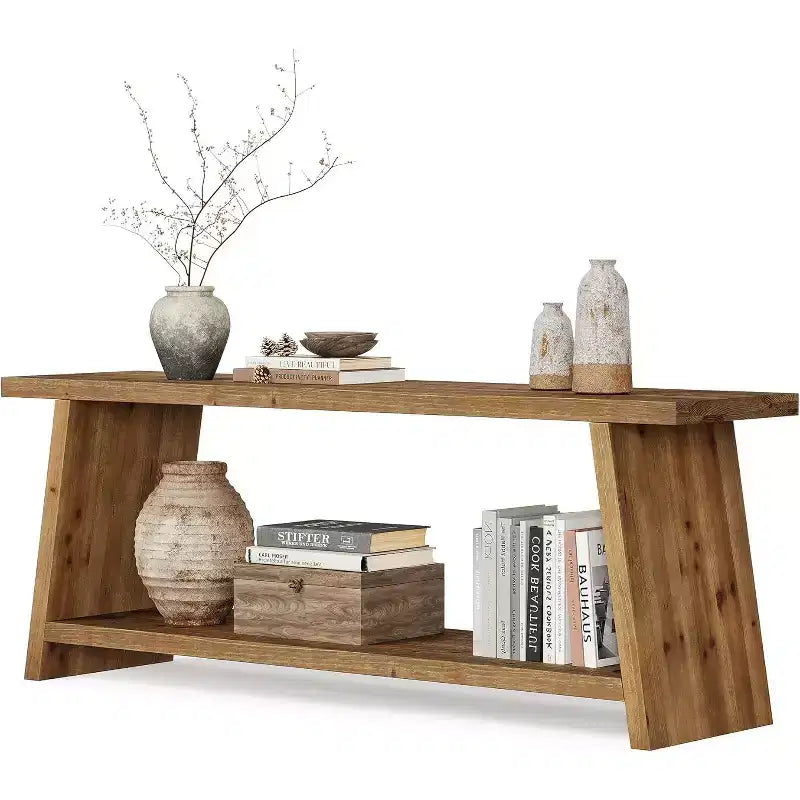 Lantine Solid Wood TV Stand, 2-Tier Farmhouse Media Console for 55/60/65 inch TV, Mid-Century Modern TV Stand for Living Room (Brown, 63-Inch)