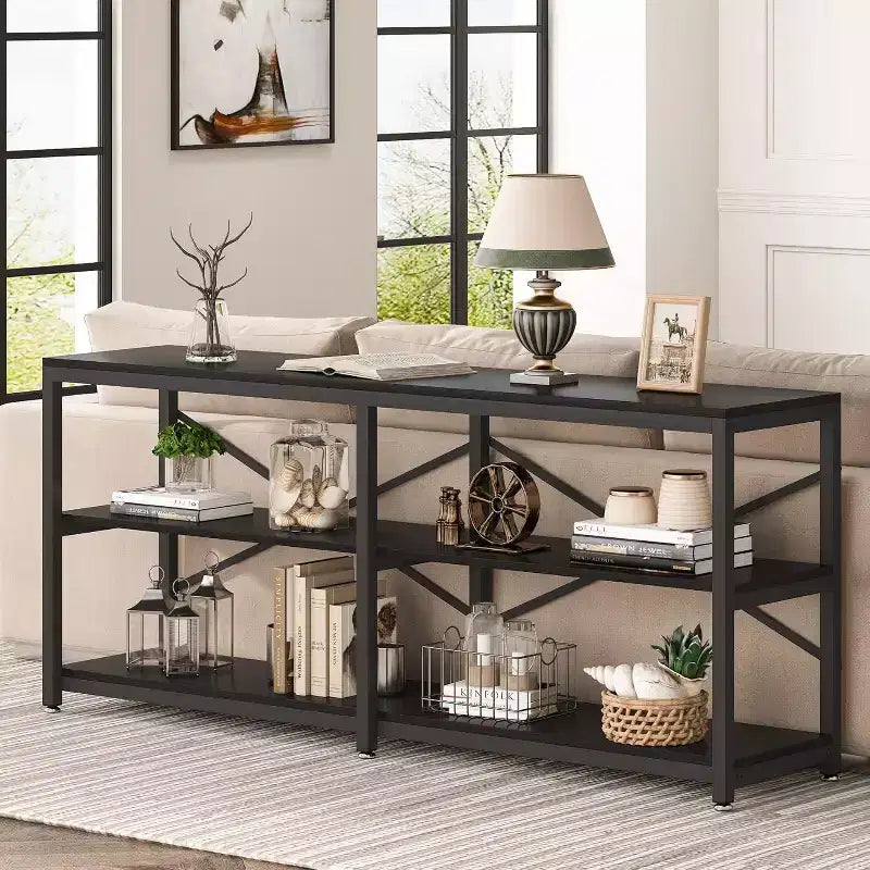 Lantine 70.9-Inch Extra Long Console Table, Modern Sofa Table with Storage Shelves, 3-Tier Industrial Entryway Table for Living Room, Black