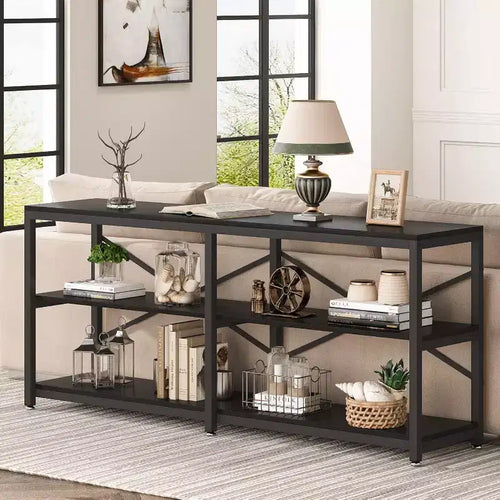 Lantine 70.9-Inch Extra Long Console Table, Modern Sofa Table with Storage Shelves, 3-Tier Industrial Entryway Table for Living Room, Black