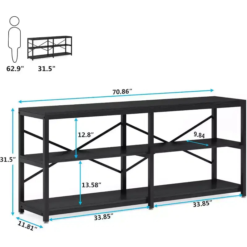 Console extensible de 180 cm, table de canapé moderne avec étagères de rangement, table d'entrée industrielle à 3 niveaux pour salon, noire