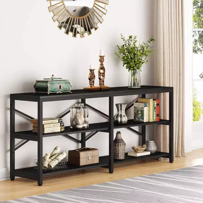 Console extensible de 180 cm, table de canapé moderne avec étagères de rangement, table d'entrée industrielle à 3 niveaux pour salon, noire
