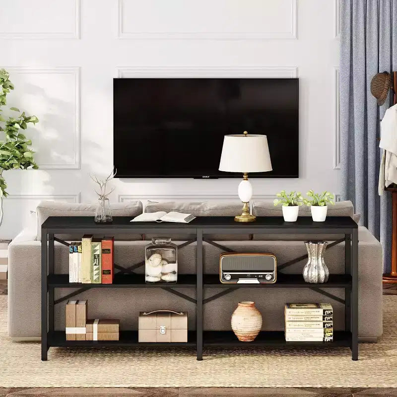 Console extensible de 180 cm, table de canapé moderne avec étagères de rangement, table d'entrée industrielle à 3 niveaux pour salon, noire