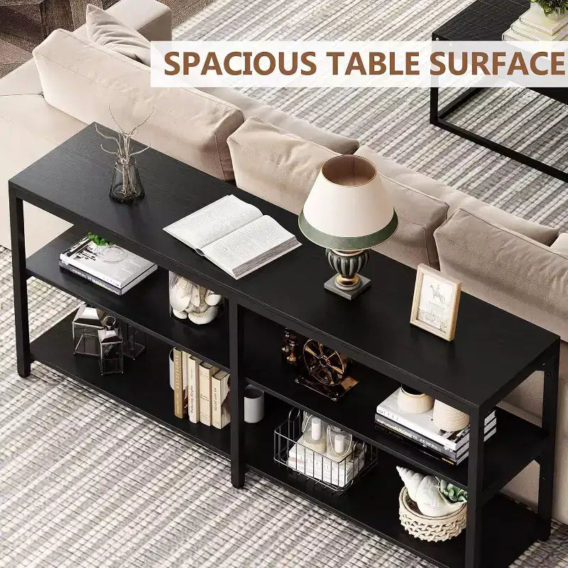 Console extensible de 180 cm, table de canapé moderne avec étagères de rangement, table d'entrée industrielle à 3 niveaux pour salon, noire