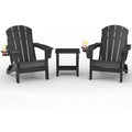 Folding Adirondack Chair Set of 2 with Side Table, All-Weather HDPE Wooden Texture &amp; Cup Holder for Patio Deck Garden, Black