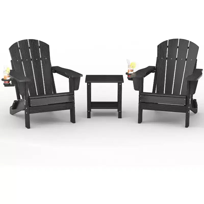 Folding Adirondack Chair Set of 2 with Side Table, All-Weather HDPE Wooden Texture &amp; Cup Holder for Patio Deck Garden, Black