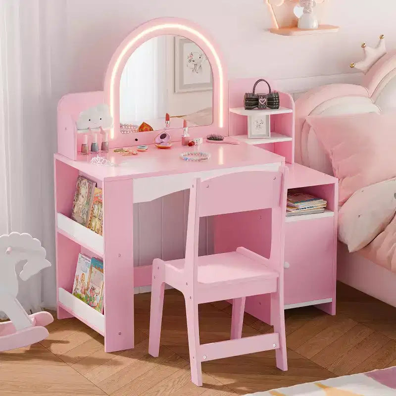 BALHAM TRADE-with Lights 2 in 1 Princess Makeup Vanity Desk with Open Storage Cabinet Shelves