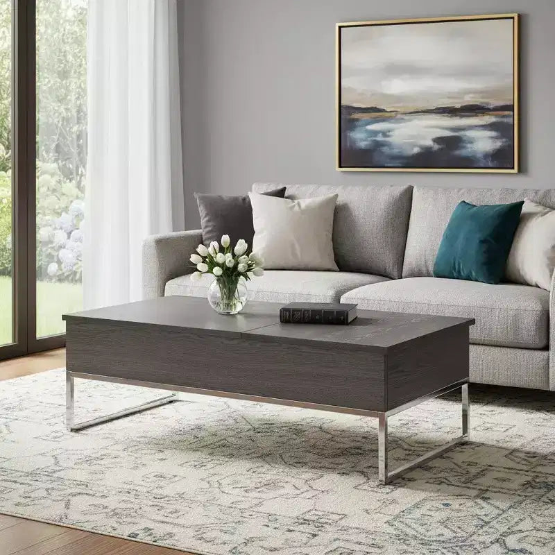 Table basse relevable en bois gris et argent
