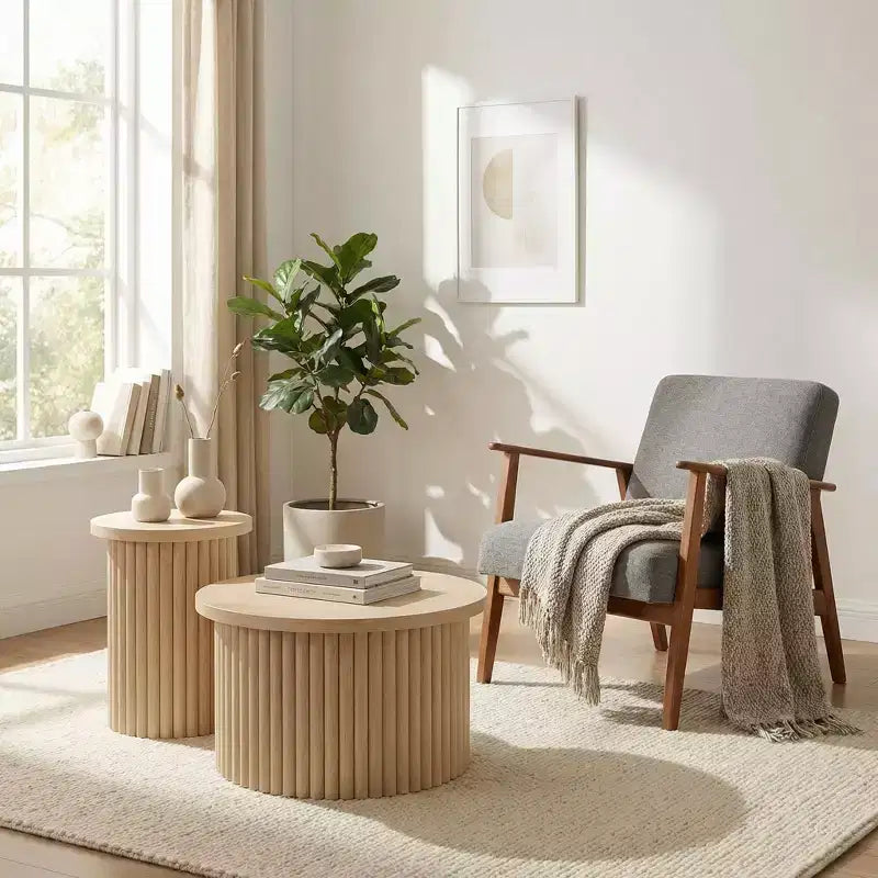 FurnitureR Round Fluted Coffee Table Set, 2-Piece Nesting Tables in Natural Wood Finish for Living Room or Lounge