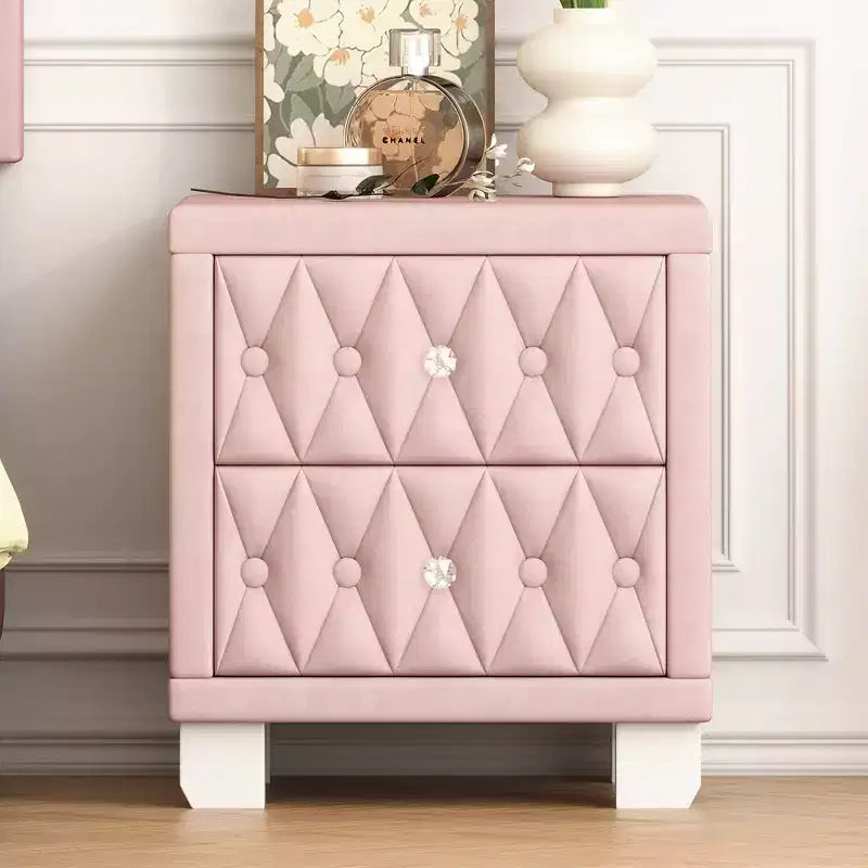Table de chevet élégante en velours avec 2 tiroirs et poignée en cristal, table de chevet de rangement avec capitonnage