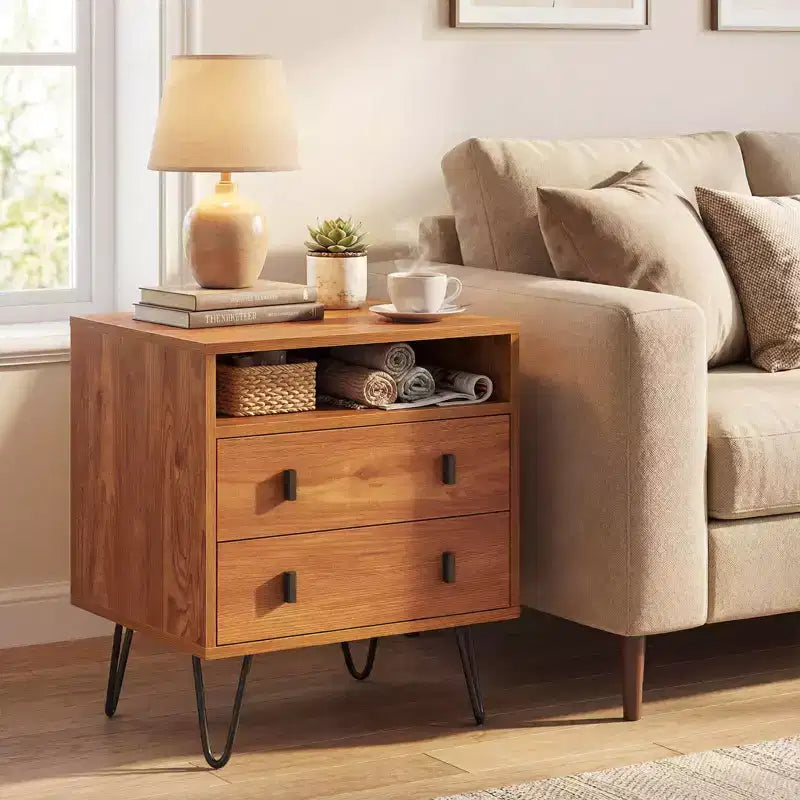Costway 1/2 PCS 2-Drawer Nightstand with Storage Compartment, Metal Hairpin Legs for Living Room Walnut/Natural